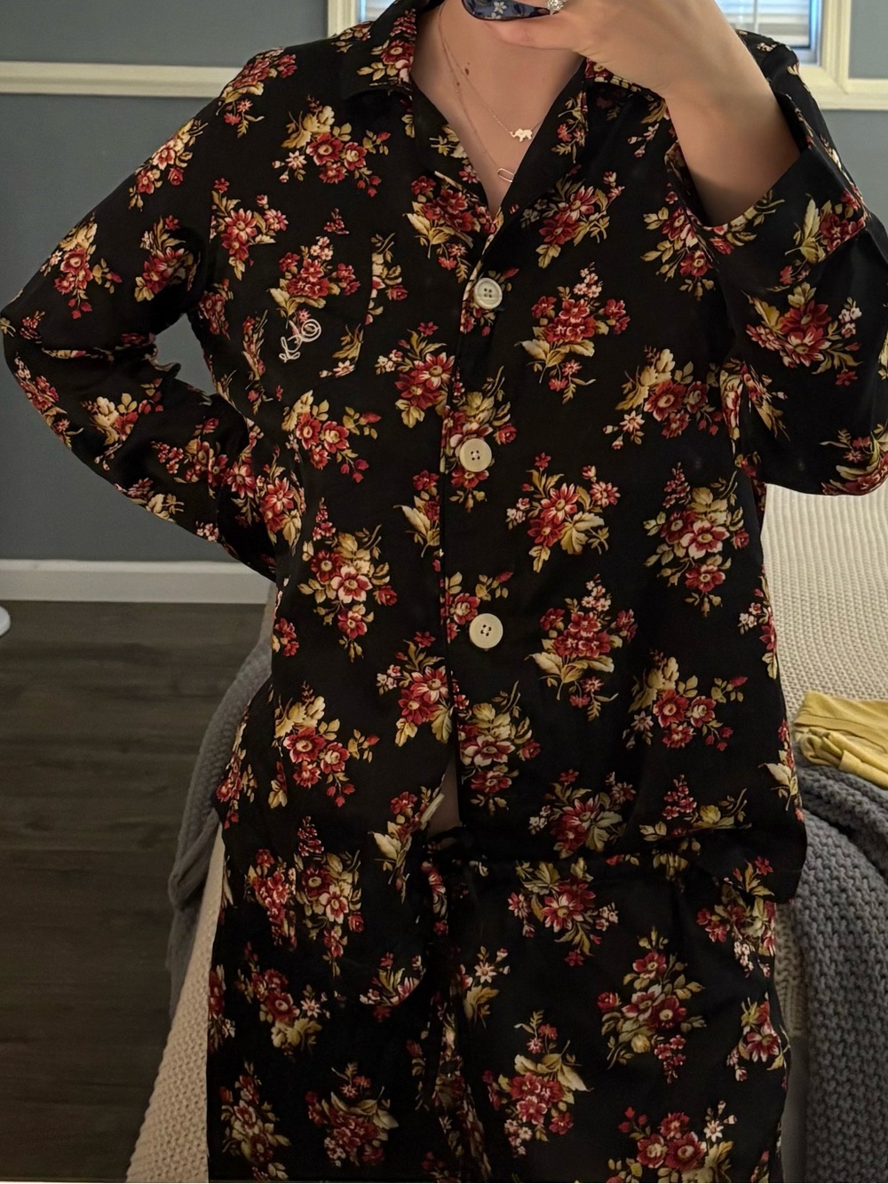 American Living Black Floral Button-Front Pajama Set with Red and Gold Blooms